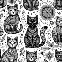 Ornamental Black Cat Seamless Pattern