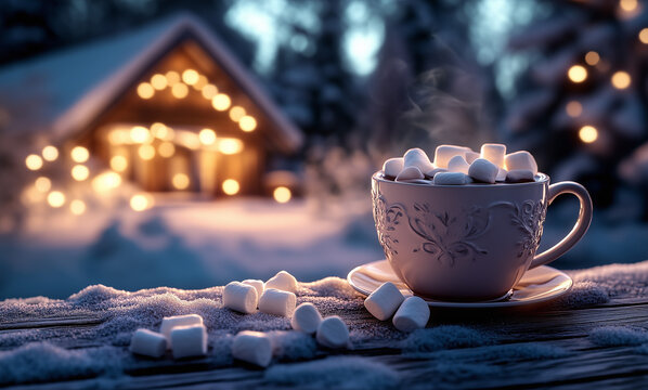 On a snowy evening, a porcelain cup of hot cocoa with marshmallows on a wooden bench. In the background, snow-covered trees and a softly lit cabin