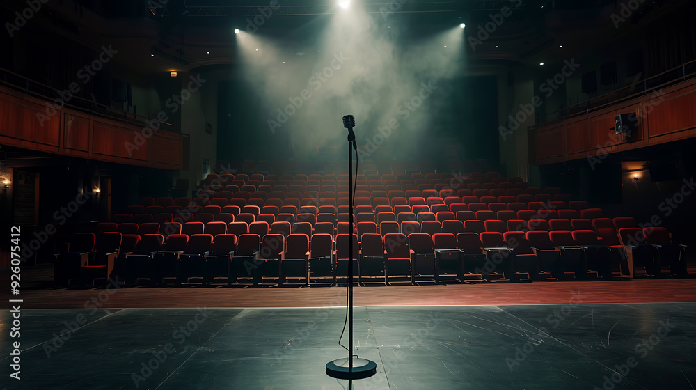 Poster an empty stage with a single microphone stand at the center, spotlight shining down, in front of row
