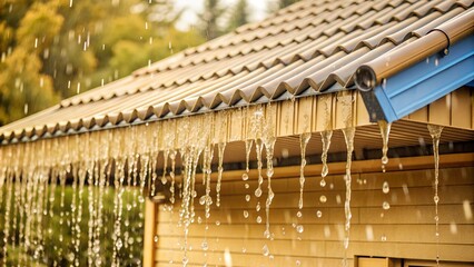 Huge Rain Drops on Blue Steel Roof. Perfect for: Rainy season, monsoon celebrations, home improvement events, weather-related campaigns
