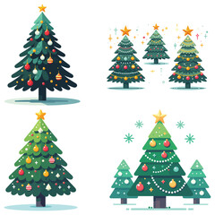 Festive Christmas trees illustration, colorful decorations on white background, holiday card
