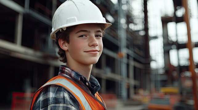 Young man in hard hat and construction vest. This photo illustrates a young person's interest in construction.