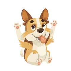 A cute cartoon corgi dog with its tongue out and paws raised, on a white background. The illustration is vibrant and playful. Concept of adorable pets. Vector illustration