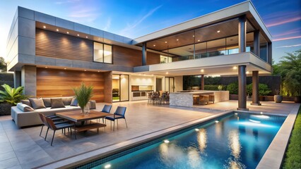 Fototapeta premium Luxurious modern home with pool and outdoor kitchen perfect for entertaining guests , luxury, home, outdoor, entertaining