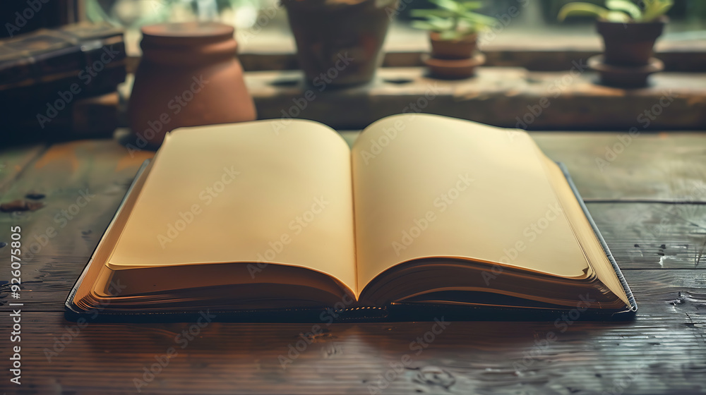 Poster a beautifully arranged concept of journaling, featuring a neatly opened notebook with blank pages re