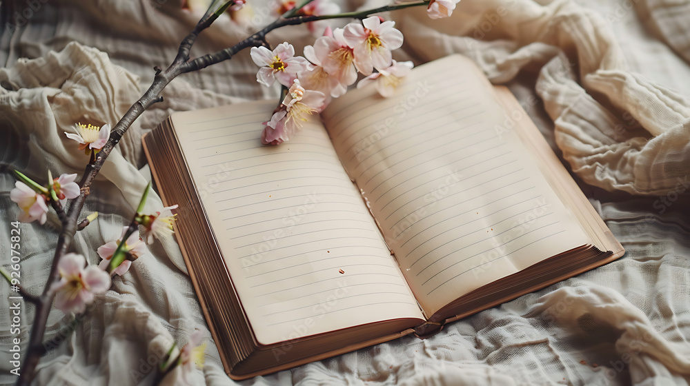 Aufkleber a beautifully arranged concept of journaling, featuring a neatly opened notebook with blank pages re
