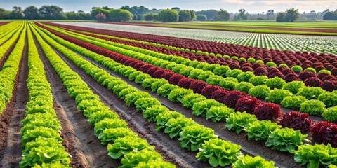 Salad cultivation in open fields , agriculture, organic, farm, harvest, vegetables, green, fresh, growth, planting, rows