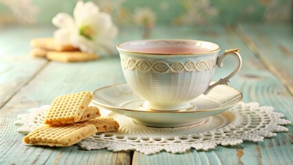 Fototapeta premium Soft pastel hues and creamy whites evoke a sense of nostalgia as a delicate vanilla wafer balances on the rim of a vintage tea cup surrounded by lace doilies.