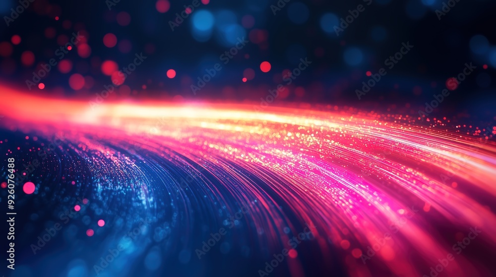 Poster abstract digital light trails in vibrant red and blue hues, creating a dynamic and futuristic visual
