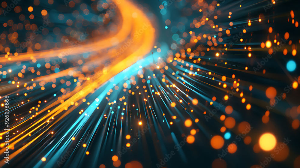 Poster optical data concept depicted by abstract glowing lines on a dark background. the high speed, vast c