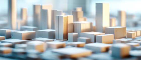 Obraz premium A close-up view of an abstract cityscape model showcasing modern architecture and urban design elements in a soft-focused style.