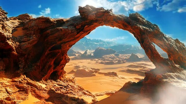 Sunlit desert arch in a rocky landscape. seamless looping 4k time-lapse animation video background