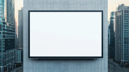 Blank White Billboard on Modern Building Wall in Urban Cityscape with High-Rise Buildings and Clear Sky Background