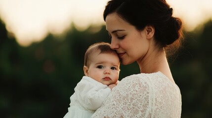 Fototapeta premium Tender Moment Between Mother and Baby in Nature - Mother Holding Baby Close in Outdoor Setting - Loving Bond and Family Connection Captured in Beautiful Natural Light