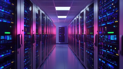 Fototapeta premium Modern Data Center with Rows of Server Racks and Colorful LED Lights in a High-Tech Environment