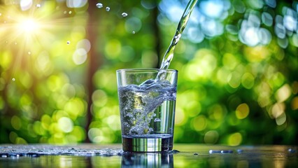 Refreshing Summer Drink with Water Pouring Scene. Perfect for: Summer hydration campaigns, health and wellness events, environmental awareness programs, World Water Day