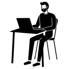 flat-man-sitting-a-table-with-a-laptop. on a white background 