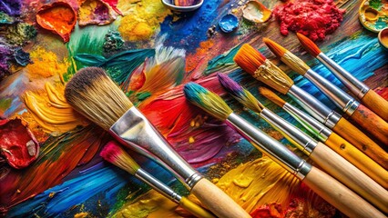 Obraz premium Close-up view of a vibrant Expressionism-style painting surrounded by various paintbrushes , vibrant, expressionism