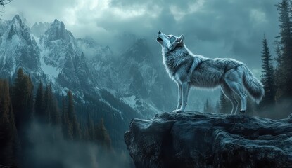 Majestic wolf howling on a rocky cliff with foggy mountains in the background, capturing the wild spirit of nature.