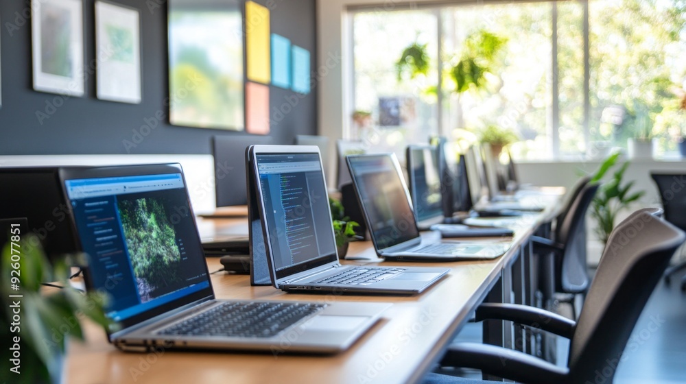 Poster laptops line a sleek wooden table, surrounded by greenery and bathed in natural light, creating a pr