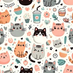 Cute Cat Pattern with Hearts, Flowers and Cupcakes
