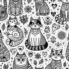 Seamless Pattern of Cats with Floral and Heart Motifs