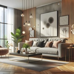 Modern Living Room Interior Design with Grey Sofa, Wooden Floor and Stylish Decor