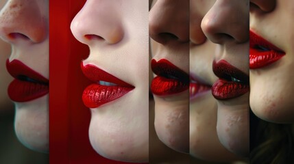 Obraz premium 7 different shadows of the red colour aplied on one lips. Close up. with generative ai