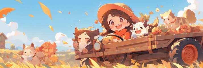 Fototapeta premium Enchanting anime-style Autumn Farm Life: Characters Embrace the Harvest and Interact with Animals in a Rustic Country Setting, Perfect for Game Art and 4K Seasonal Illustrations,Anime-Style,illustrati