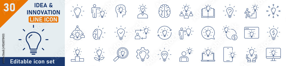 Poster idea and innovation line icon set. set of 30 outline icons related to idea, thinking, solution and m