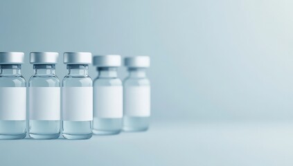 Row of Medical Vials with Blank Labels in a Sterile Environment Essential Equipment for Vaccination and Medicine