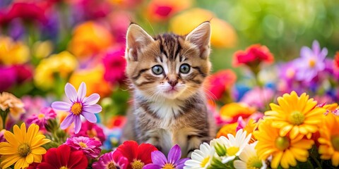 Adorable kitten surrounded by colorful flowers , cute, feline, floral, pet, domestic, small, playful, garden, outdoor, young
