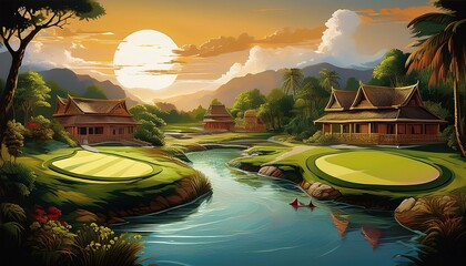 Golf cart car in fairway of golf course with fresh green grass field and cloud sky and tree and Thai House