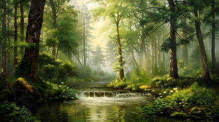Obraz premium Tranquil Forest Stream with Sunlight Filtering Through the Canopy