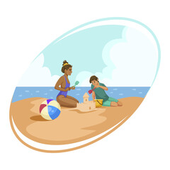 Woman and child building sandcastles on a beach with toys, a blue sky with clouds in the background. Vector illustration