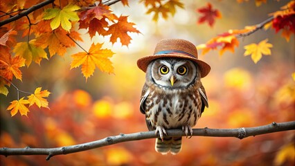 of an owl with a hat on its head sitting on a branch with fall leaves, big eyes looking at the viewer , Owl, hat, branch