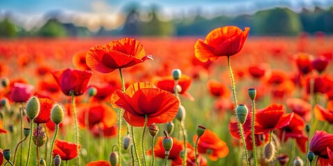 Obraz premium A vibrant field of red poppies in full bloom , poppies, flowers, field, nature, red, vibrant, blooming, spring, landscape, scenic
