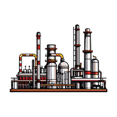 Generate a minimalist vector illustration of an oil refinery with a focus on the industrial design and machinery.