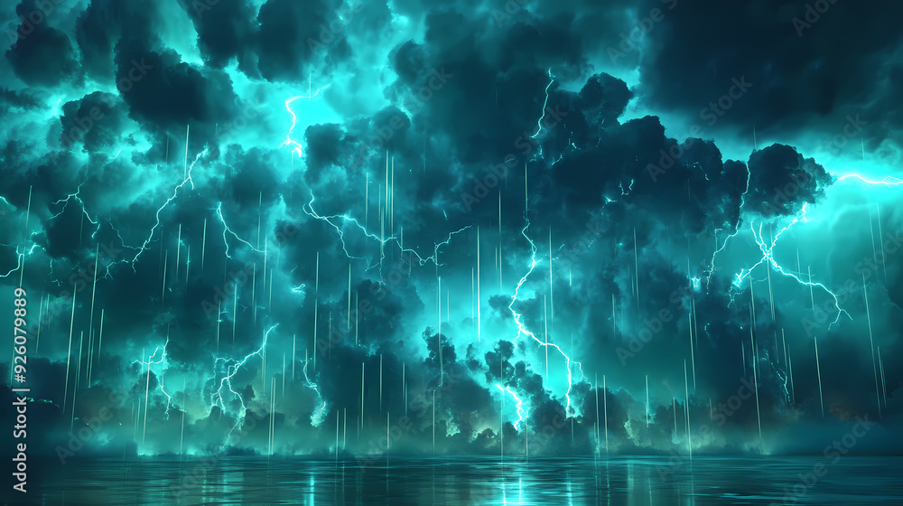 Wall mural a stormy sky with multiple cloud to ground lightning strikes, generative ai