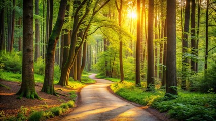 Fototapeta premium A serene path winding through a beautiful forest , nature, trees, walkway, trail, peaceful, outdoors, greenery, woods