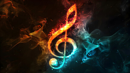 A fiery treble clef surrounded by orange and blue smoke.