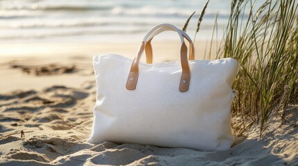 White canvas tote bag on sand. Perfect for beach vacation and summer lifestyle designs.