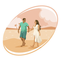 Couple holding hands walking on a sandy beach, vector illustration, against a pastel-colored background. Concept of love and vacation. Vector illustration