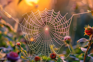 Dew-Covered Spiderweb at Sunrise