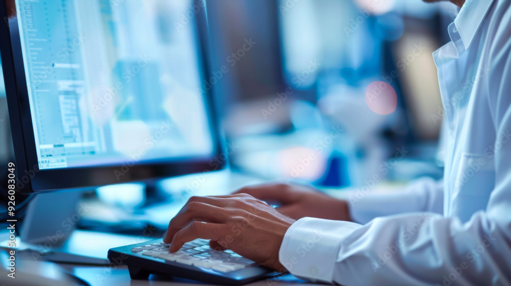 Poster close-up of a man's hands typing on a keyboard on a modern computer. business and technology concept