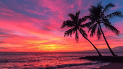 Stunning Tropical Sunset with Vibrant Colors and Silhouetted Palm Trees on a Serene Beach