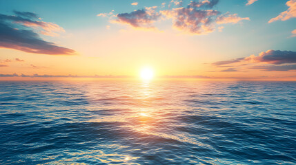 Fototapeta premium Calm ocean water reflecting a golden sunset with a blue sky and wispy clouds.