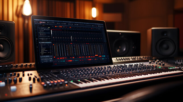 Close up of a music mixing console with a laptop showing an audio editor.