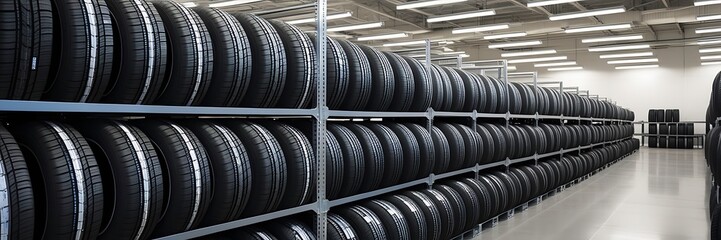 rack with customer car tires in warehouse of a tire dealer