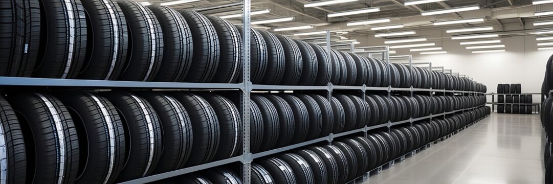 rack with customer car tires in warehouse of a tire dealer